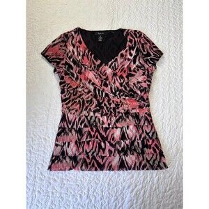Style & Co Pink & Black Vneck Ruffled Short Sleeve Blouse size small